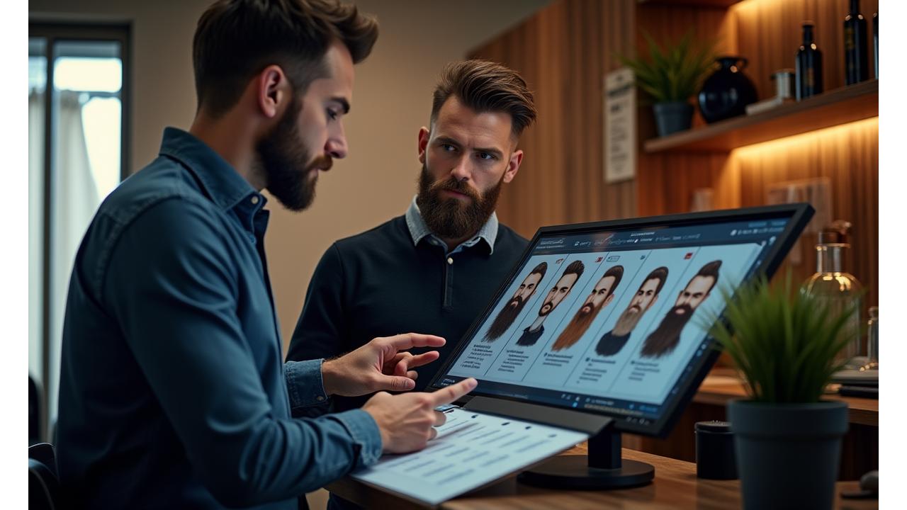 Barber and client engaged in a detailed discussion about beard styling, with charts or diagrams in the background to illustrate different beard shapes.